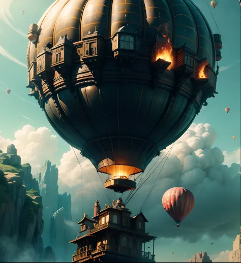 A boat suspended from a hot air balloon, There was a man on board，Steampunk hot air balloons, hot air balloon, 火焰,Incredible vis...