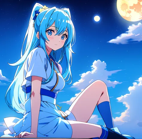 Niji style,day,anime coloring,cell shading,masterpiece, best quality,detailed,cinematic composition, cinematic lighting,1girl,solo,star,moon ,blue theme1girl,sitting,from the side