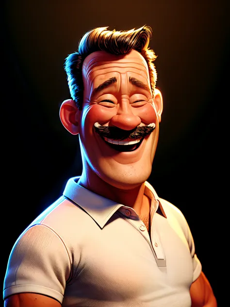 masterpiece, best quality,a middle age man with a mustache and a white shirt is laughing , eye closed, black background