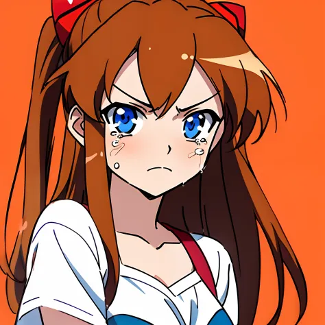 masterpiece, best quality,solo, souryuu asuka langley, v-shaped eyebrows ,crying,meme, lookind at viewer,colorful, bright colors,anime coloring,1girl, solo, long hair, breasts, bangs, blue eyes, simple background, brown hair