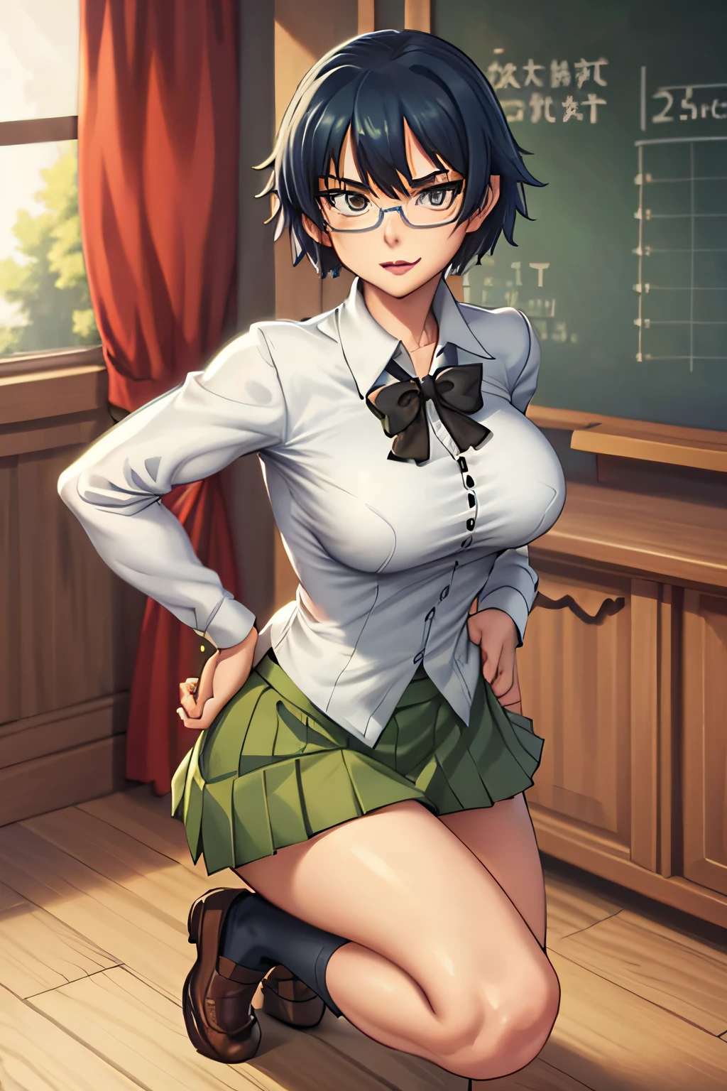 (best quality), (masterpiece), Shizune, , green skirt, untied black ribbon, white shirt, indoors, looking at viewer, mischievous expression, very busty, unbuttoned shirt, both hands on hips, full body, pointy hair intakes, brown penny loafer shoes