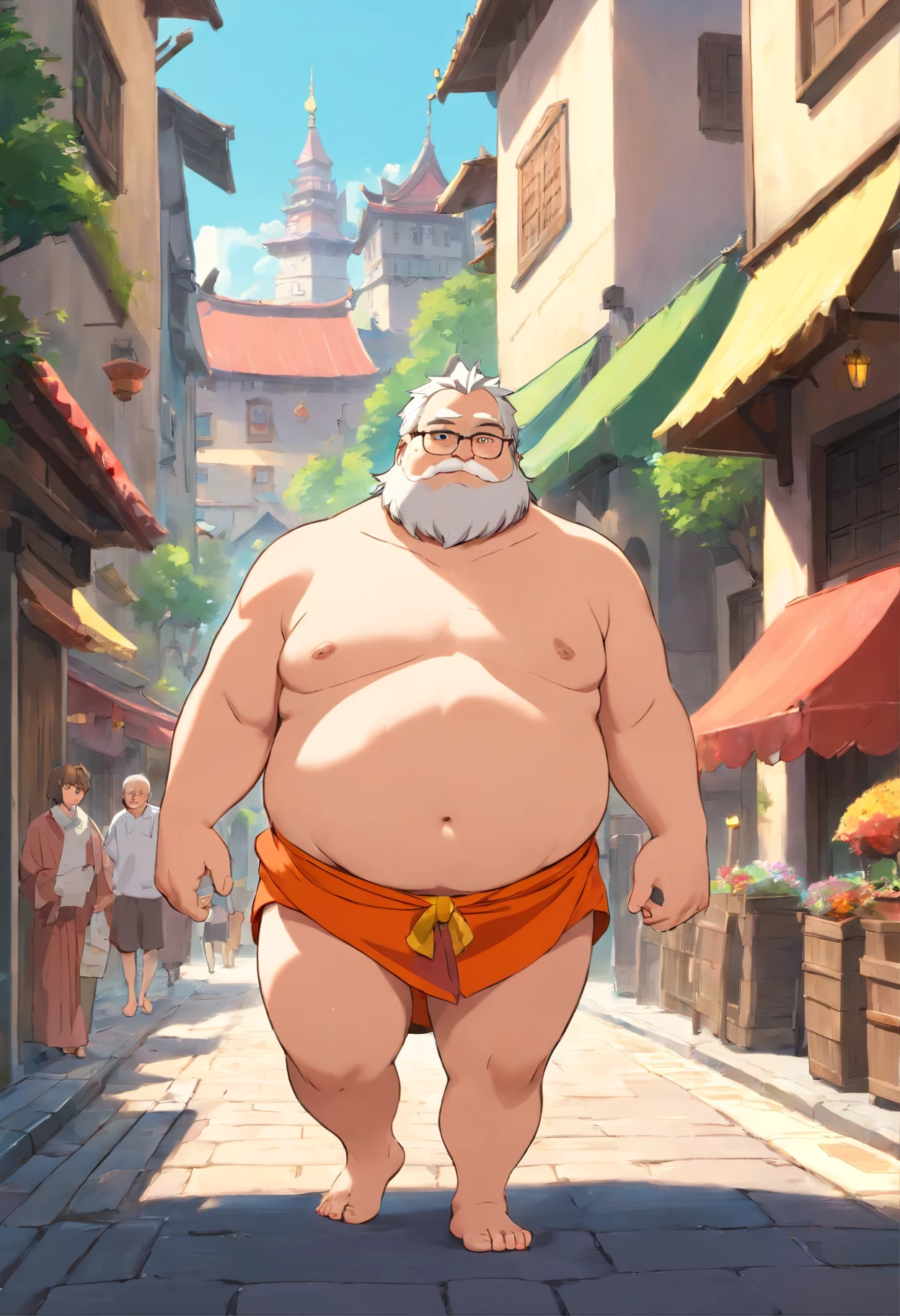 A cartoon image of a man in a swim suit walking down a street - SeaArt AI