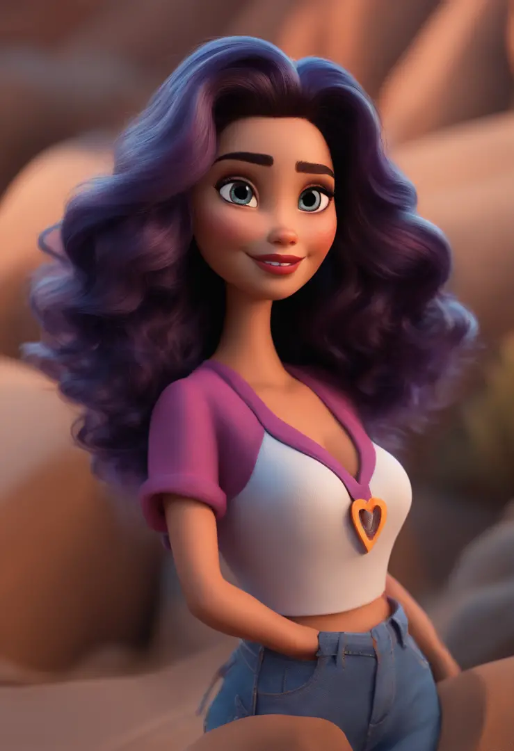 Imagem estilo Pixar com personagem 3D mulher morena com cabelo ondulado, blusa roxa e short jeans, maquiagem Disney na praia