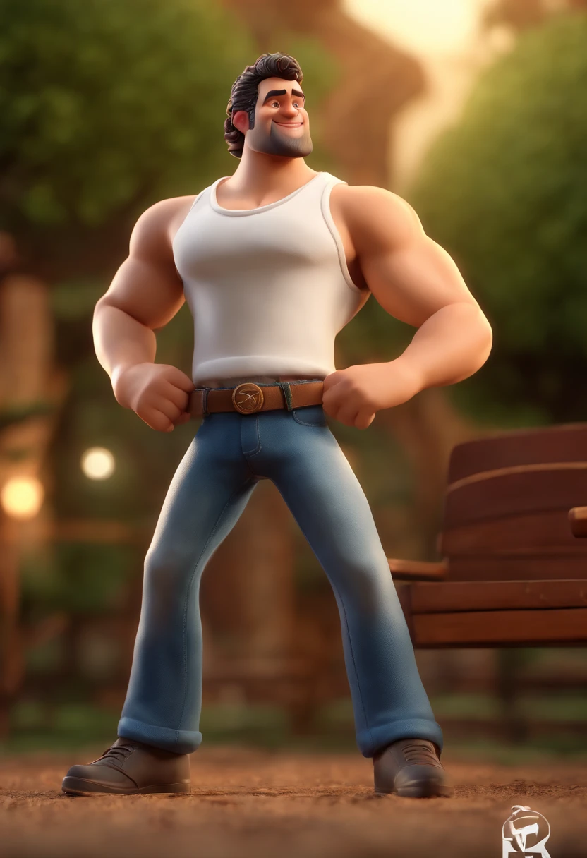 Cartoon character of a man with curly hair, tattoes on his right arm, wearing a white tank top shirt, um personagem animado, Caractere estilizado, animation style rendering, 3D estilizado, Arnold Maya render, 3 d render stylized, toon render keyshot, Personagem 3D, Personagem 3D, 3d rendering stylized, 3 d character render, personagem de desenho animado, Personagem de close up, Pose de personagem, (Estilo Pixar) (master part:1.2) (Bokeh) (best quality) (pele detalhada) (textura detalhada) (8k) (argila) (Cinematic lighting) (foco nítido，Senta e vaza a parte superior do corpo