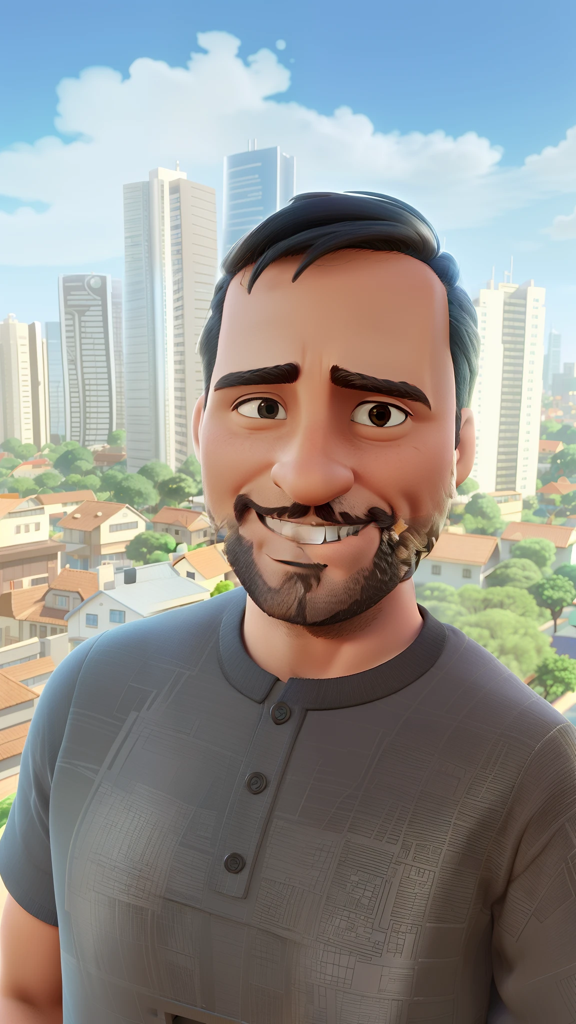 homem na varanda, cabelo preto curto, City buildings in the background, Estilo Disney Pixar, 3 d animation