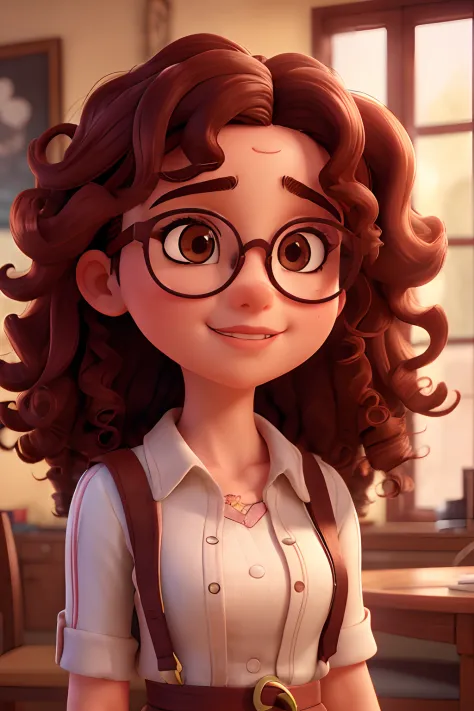 (best quality,Altas,master part:1.2),Extremely detailed curly-haired girl with round glasses,Olhos detalhados,lush lips,curly hair,beautiful facial features,girl with glasses,Bokeh,retrato,Realistic,colorido e vibrante,Soft lighting and Warm