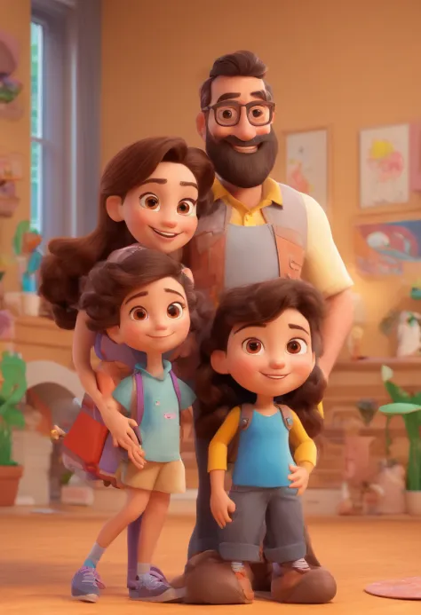 Estilo Pixar: Familia, one dad brunette wth beard, A mother and two girls. Uma menina de 6 anos e outro de 3 anos . Uma fazenda com vacas lindas e marrom .