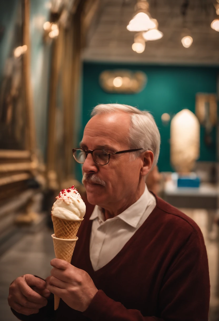 Hombre arafed con un suéter rojo comiendo un cono de helado - SeaArt AI