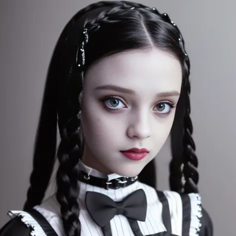 KT1973: a full body portrait of baby wednesday addams, black eyes, pouty  mouth, pale, black two braided hair, angry expression, black dress, white  collar, striped stockings