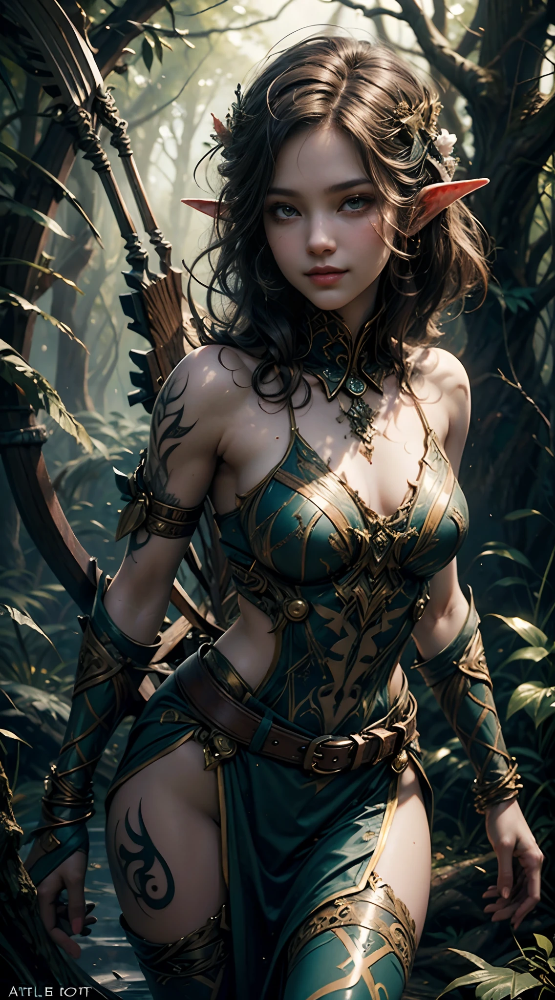 award-winning oil painting, (Elf Hunter, Wild-elf, Strong, toned tattooed body, silky hair), (hunting, bow and arrow), (wild, tight body, agile, hunting posture)), (deep night forest), (hunting))) detailed, soft focus, brown body, marking on face, tribe women, Hunter, Night Hunting, Sneaking, focused on hunting , photorealistic oil painting, by charlie bowater, fine details, by wlop, trending on artstation, very detailed, natural beauty, dynamic pose, smiling, ((looking at camera)).