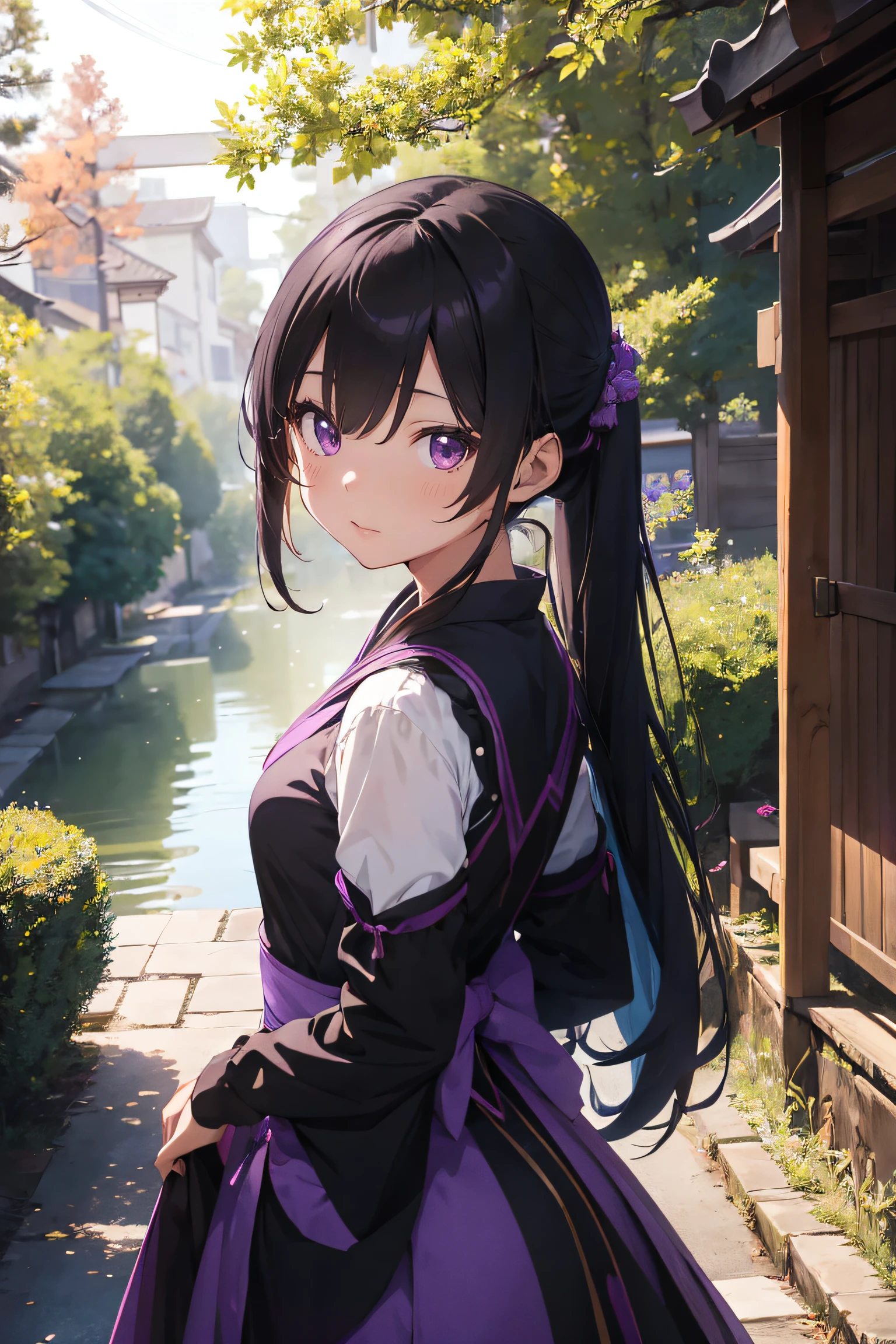 Anime girl in purple and black costume standing in front of forest, Keqing from Genshin Impact, zhongli from genshin impact, heise jinyao, Ayaka Genshin impact, anime moe art style, black-haired mage, demon slayer rui fanart, ayaka game genshin impact, Yun Ling, Inspired by Song Maojin