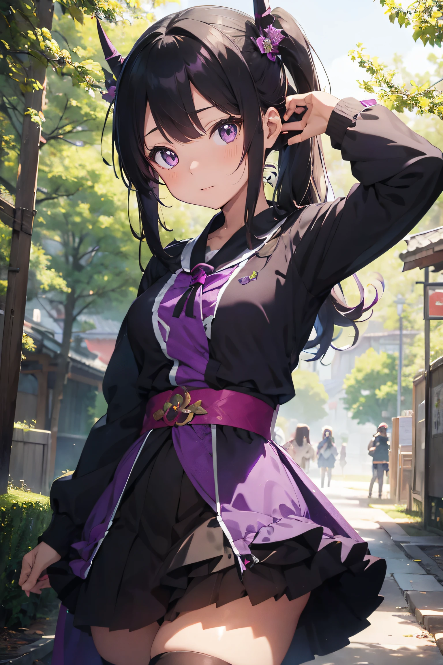 Anime girl in purple and black costume standing in front of forest, Keqing from Genshin Impact, zhongli from genshin impact, heise jinyao, Ayaka Genshin impact, anime moe art style, black-haired mage, demon slayer rui fanart, ayaka game genshin impact, Yun Ling, Inspired by Song Maojin