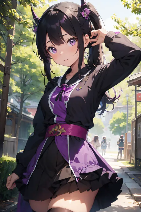 anime girl in purple and black costume standing in front of forest, keqing from genshin impact, zhongli from genshin impact, hei...