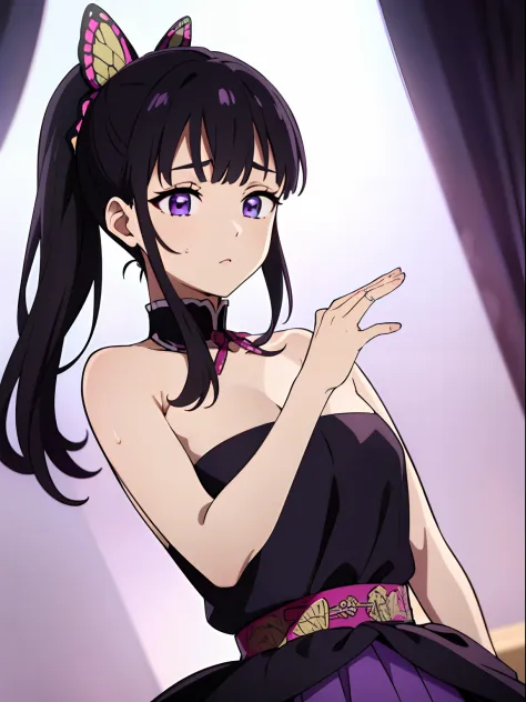 Highres, Masterpiece, Best quality at best,Best Quality,hight quality, hight detailed, kanao tsuyuri, black hair, butterfly, butterfly hair ornament, (purple eyes:1.1), side ponytail, ponytail, Strapless dress, (sweat), (armpit) best quality, high resoluti...