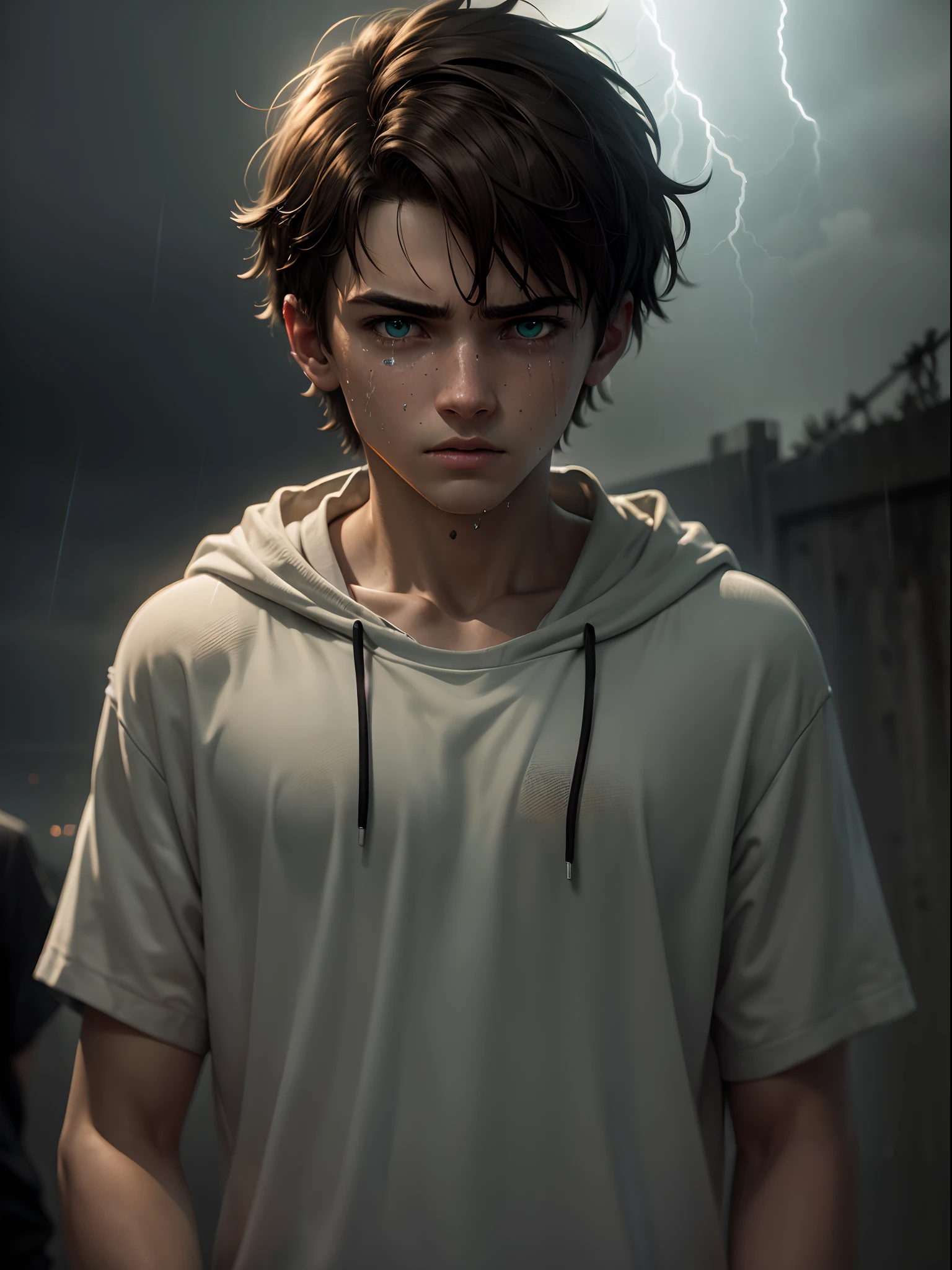 (sharp focus:1.2), an award-winning shot of a deep depressed casual boy teenager, in the middle of thunderstorm, lightning and thunder, bad weather, dull backlighting, extremely detailed skin, extreme sadness, hopelessness, visible mental illness, bleary eyes, (deep shadows:1.1), high contrast, beautiful cried green eyes, brown hair, absurd, 8k, (high quality: 1.3), artstation hd, concept art, detailed sad face and body, award winning photography, (moody lighting:1.2), depth of field , bokeh, 4K, HDR