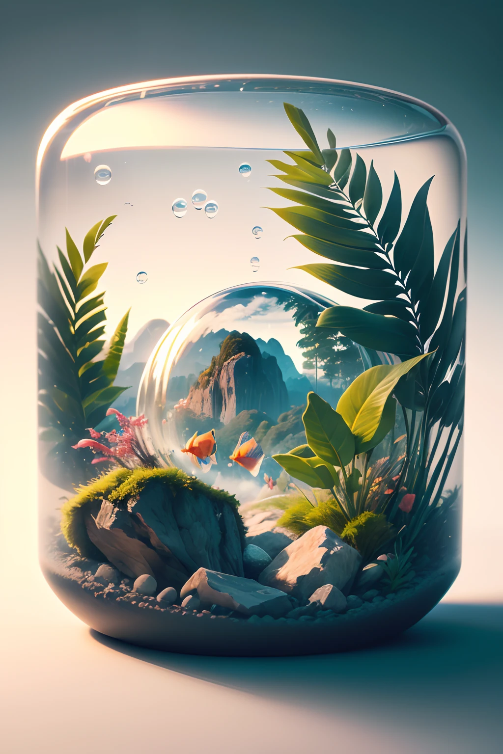 (8k, RAW-Foto, beste Qualität, Meisterwerk:1.2), Bubblerealm Tropenwald mit tropischen Fischen,  (ink, weißer Hintergrund, )isometrisch_Träume, Grauer Farbverlauf-Hintergrund