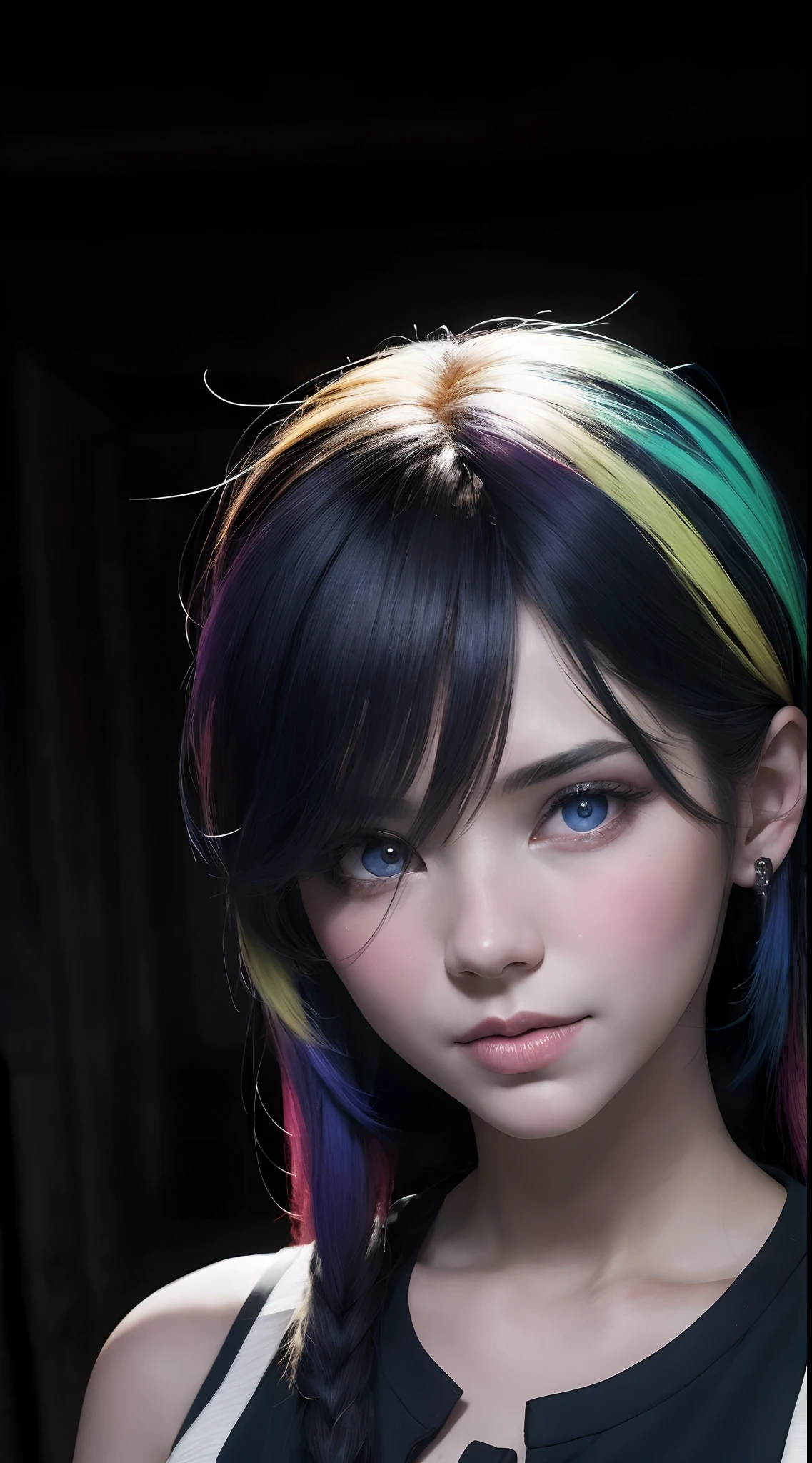 {{masterpiece}}, Best Quality, CG unit wallpaper 8k extremely detailed, cinematography lighting, Lens flare, beautiful detail eyes, negro, side look, multicolored hair, color light, particuls, heterochromia, (colorful: 1.5), (cabello colorful: 1.5), annoyed,