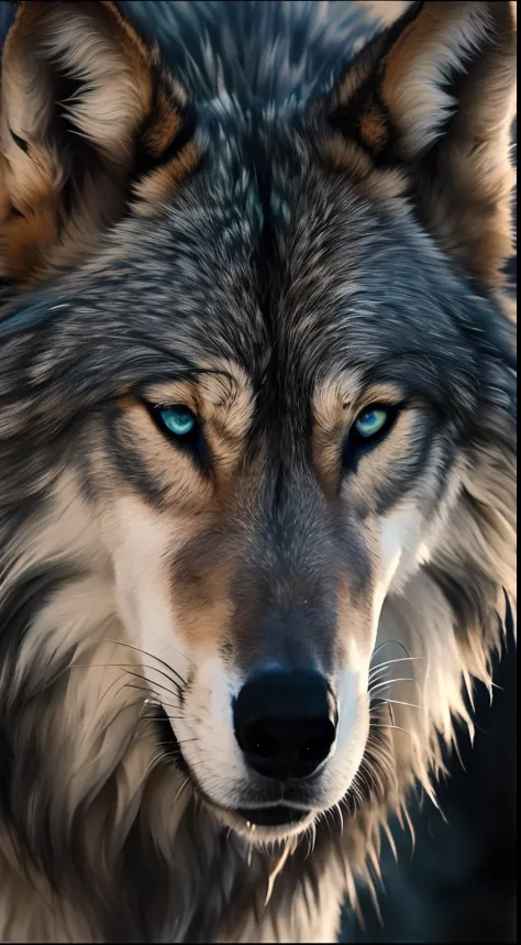 A closeup of a wolf with blue eyes looking at the camera, Ele tem olhos de lobo amarelos, foto de lobo, Retrato de um lobo, portrait of a wolf head, lobo hiper detalhado - como o rosto, lobo, retrato do lobo, alpha wolf head, fierce expression 4k, lobo azu...