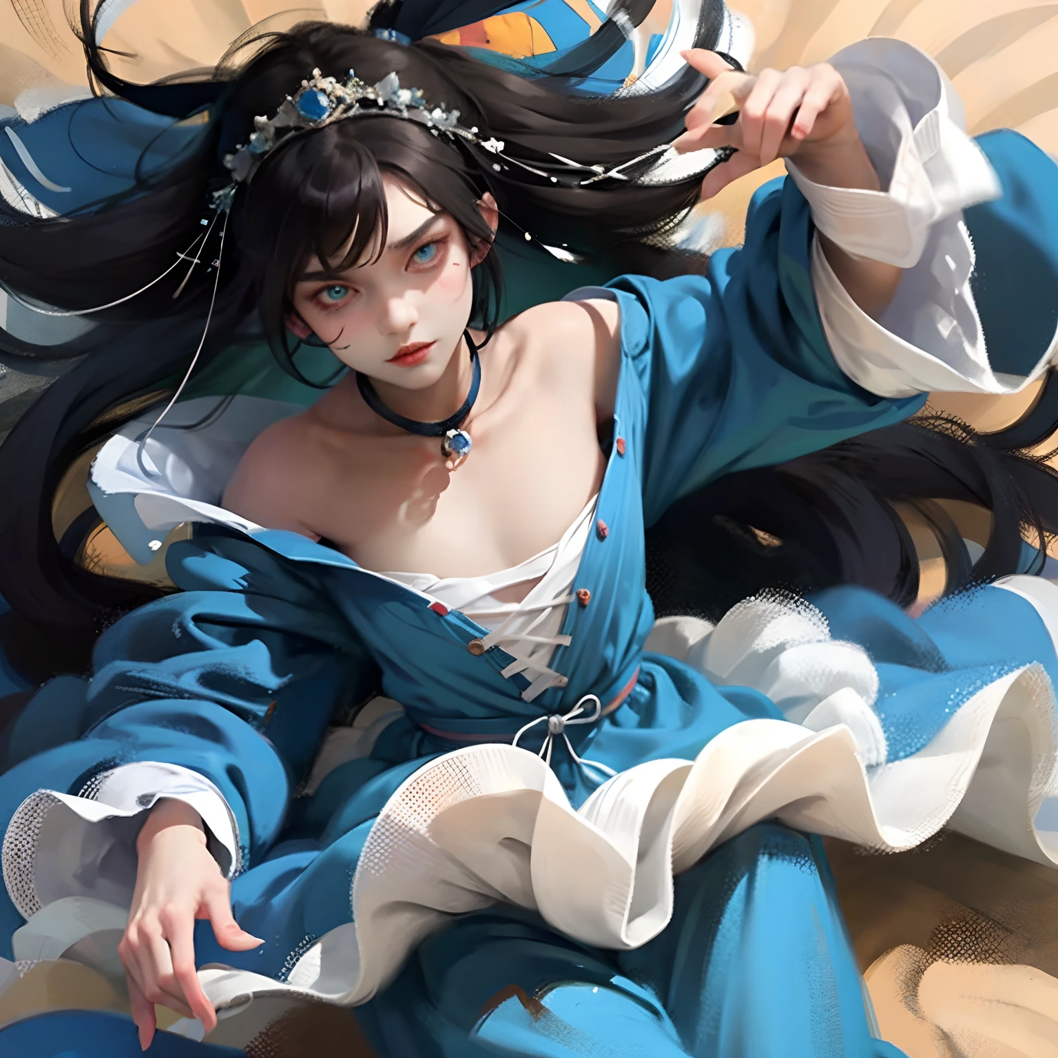 Alice in wonderland, horror, catgirl, flat chest, black hair, blue eyes,