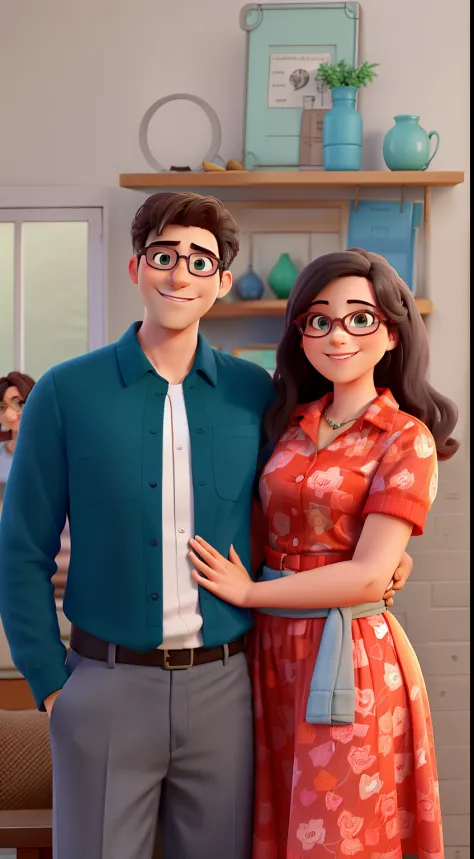 Happy couple hugging each other like love from Disney movie, mulher cabelo cacheado, The two wearing glasses at a social event, Man in gray pants, blusa verde e gravata cinza e mulher no vestido vermelho