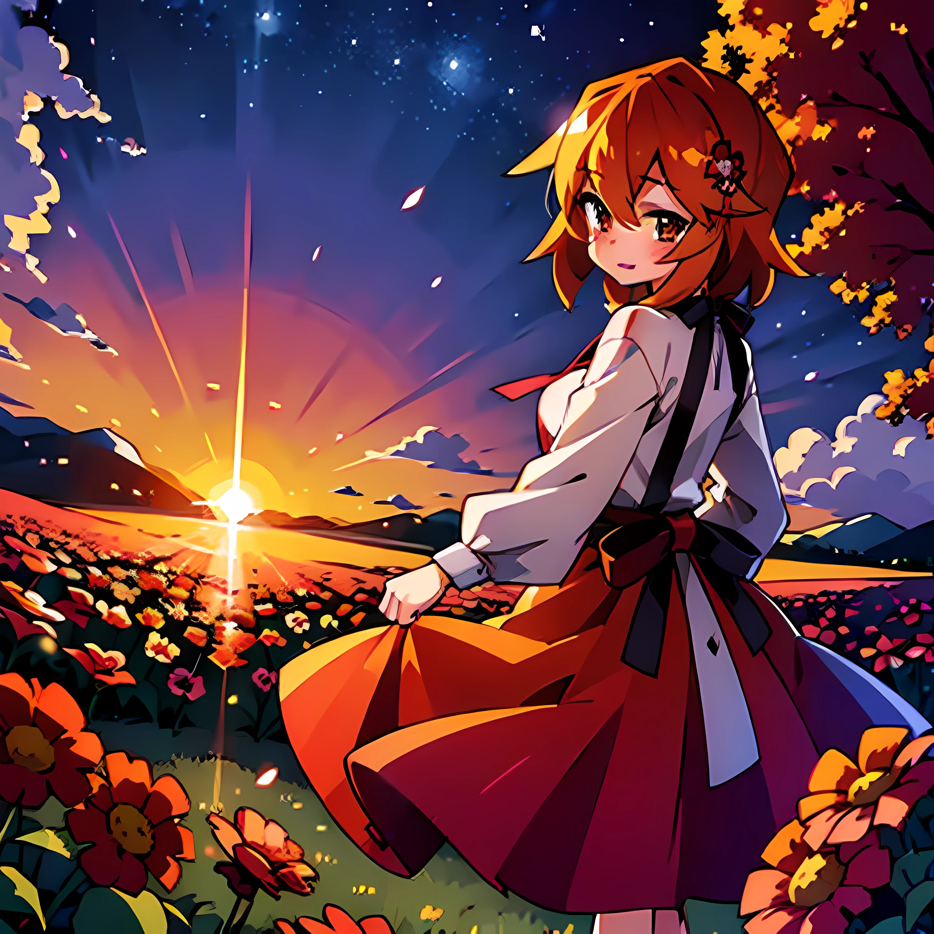 (best quality,4k),(detailed girl,red-haired girl),(beautiful flowers),(colorful flower fields).