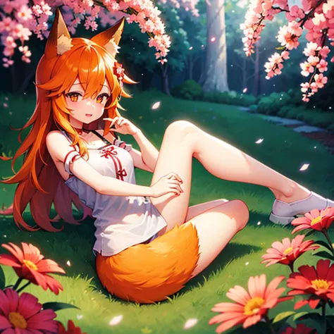 (best quality,4k),1 girl, detailed girl, girl with red hair, fox girl, flower fields, beautiful colors of flowers.