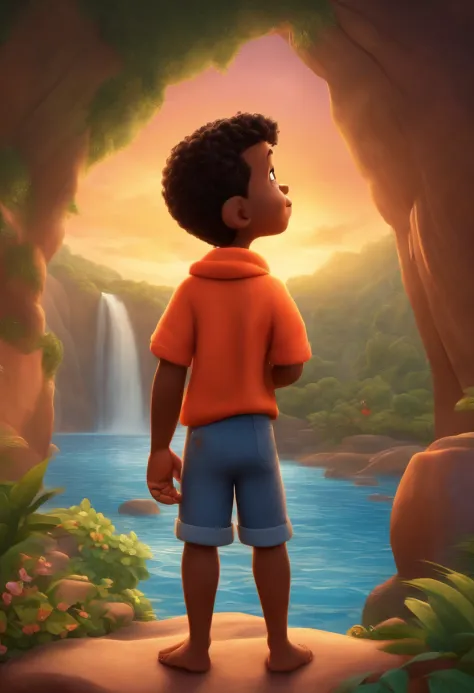 Make a Boy, negro, sem camisa , sentado a ponta de uma cachoeira, como Disney Cartoon, he's looking up at the sky, pixar, ...3d, Disney