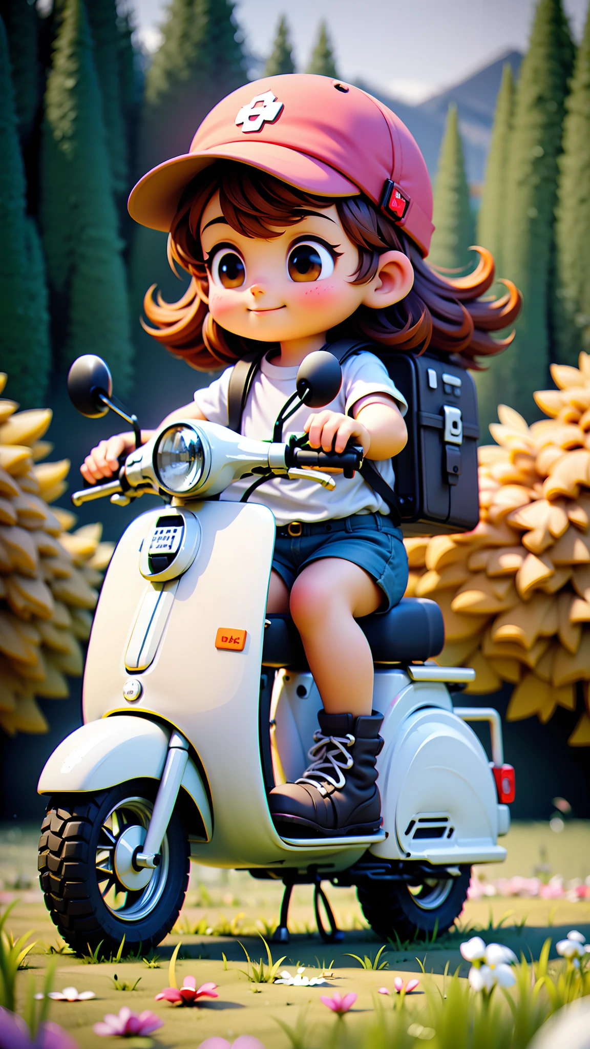 Pixar style,MG ip,1girl,ground vehicle,motor vehicle,outdoors,shorts,brown hair,brown eyes,scooter,solo,child,bag,hat,long hair,short sleeves,shirt,flower,backpack,depth of field,blurry background,sitting,grass,smile,shoes,day,boots,closed mouth,cross-laced footwear,tree,helmet,blue shorts,