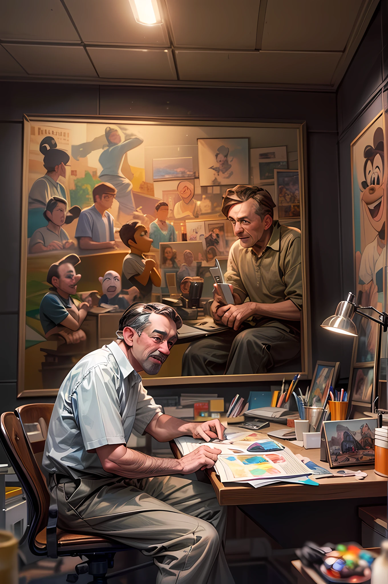 ein Porträt von (Walt Disney: 1.3), sitzt in seinem Arbeitszimmer und arbeitet an seinem nächsten Projekt, fluoreszierendes Licht, berühmte Disney-Figuren an den Wänden gemalt,  animationsstudienzimmerhintergrund, Extrem detailliert, Meisterwerk, beste Qualität, fotorealistisch, pixarstil