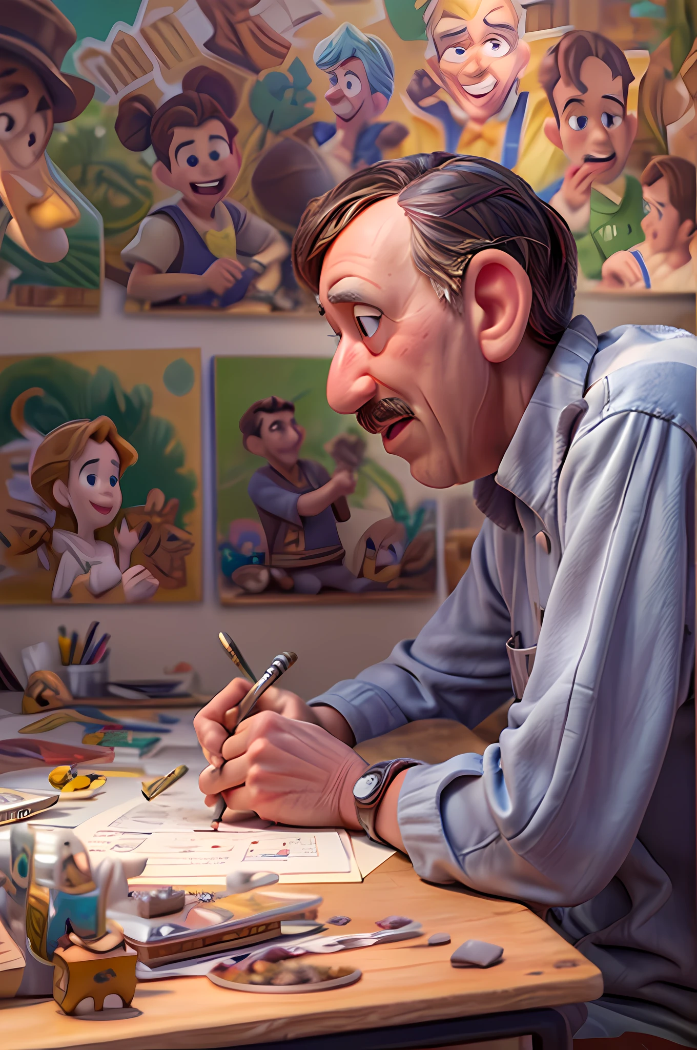 ein Porträt von (Walt Disney: 1.3), sitzt in seinem Arbeitszimmer und arbeitet an seinem nächsten Projekt, fluoreszierendes Licht, berühmte Disney-Figuren an den Wänden gemalt,  animationsstudienzimmerhintergrund, Extrem detailliert, Meisterwerk, beste Qualität, fotorealistisch, Pixarstil