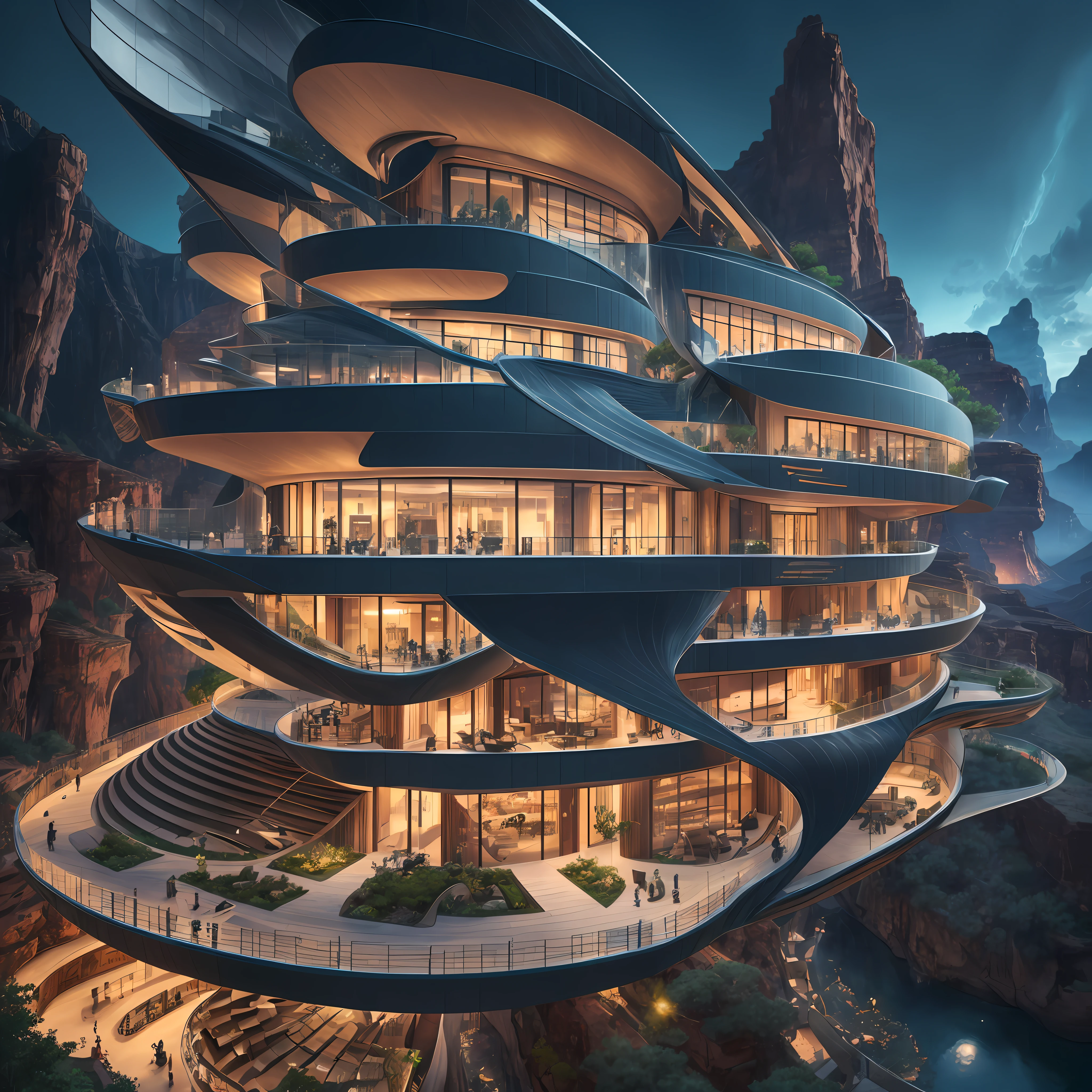 futuristic sci-fi Meisterwerk, kybernetische Wohn-Bienenstock-Pod-Architektur-Designs, die in die Höhlen des Grand Canyon geschnitzt wurden , realistisch ,kompliziert, ausführlich ,modern, Neo-Höhlen-zentriertes Design,Felsen,waterfalls,Vegetation, organischer Futurismus, indigener Futurismus,futuristische Vision, Architekturstile von Rem Koolhaas,Daniel Libeskind, Jean Nouvel, Paolo Soleri, nach oben, Balkone, futuristische Fassaden, Trends auf ArtStation, schöne Beleuchtung,Meisterwerk, Fantasie, kompliziert, preisgekrönt, 4k, Rendermodell höchster Qualität:real --auto --s2