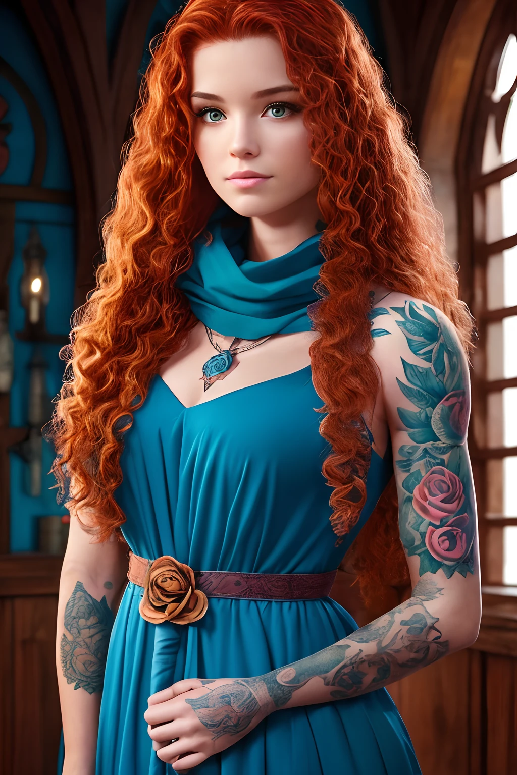 absurdness quality. natural  lightting. hyper- realism. Fantastic illustration. Redhead girl with long curly hair and rose tattoos on shoulders and forearms, wearing white dress, scarf in hair, pentagram pendant on neck. She has one eye of each color: Green the right, blue on the left. Witch style, heathen, Celta, on the bow of a small boat that crosses a river shrouded in mist. medieval style, former Scotland, Avalon, Fifth-century.