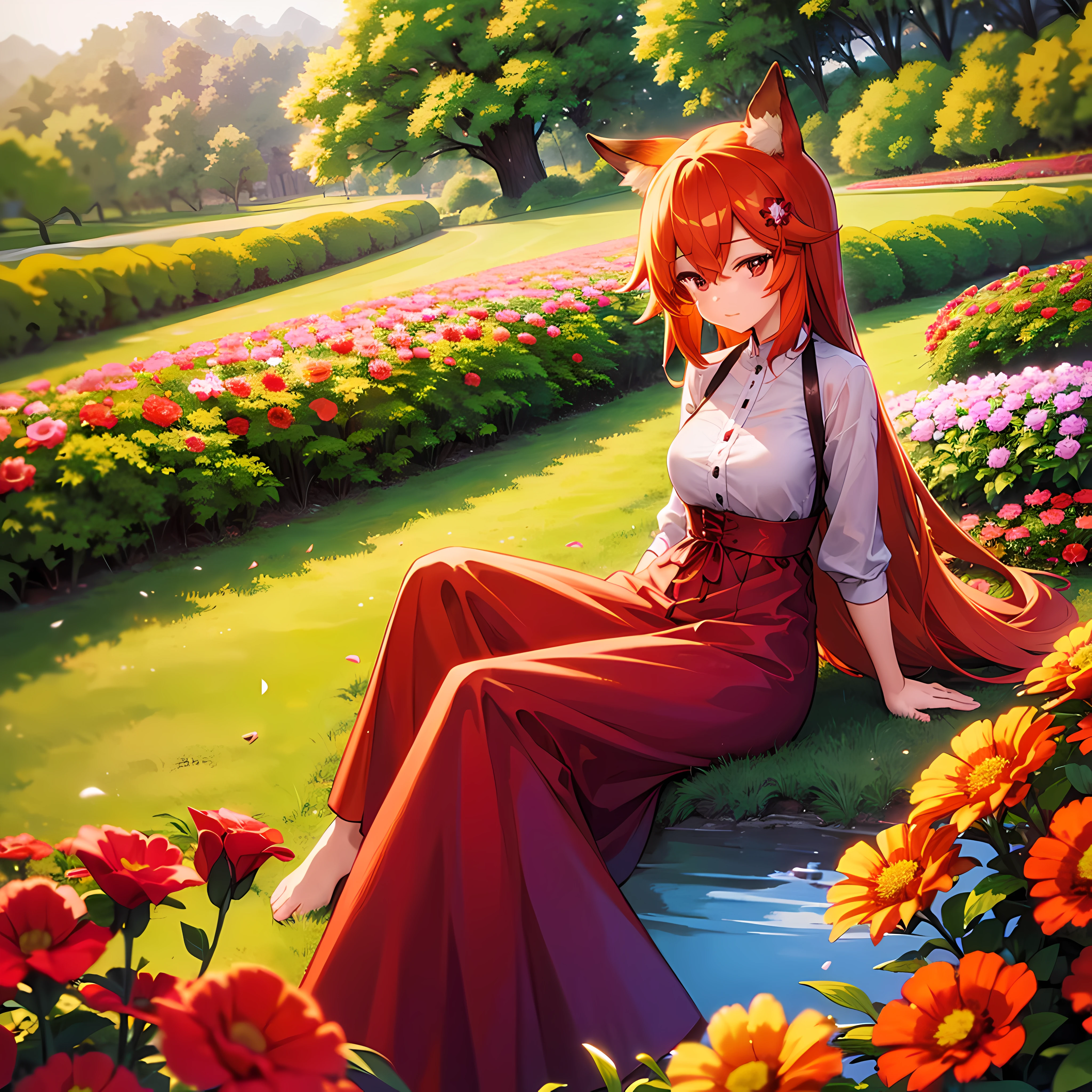 (Best Quality,4k),(hight resolution,Masterpiece:1.2),1 girl, Beautiful detailed girl, red-haired girl, Foxy Girl, Flower fields, Beautiful flowers.