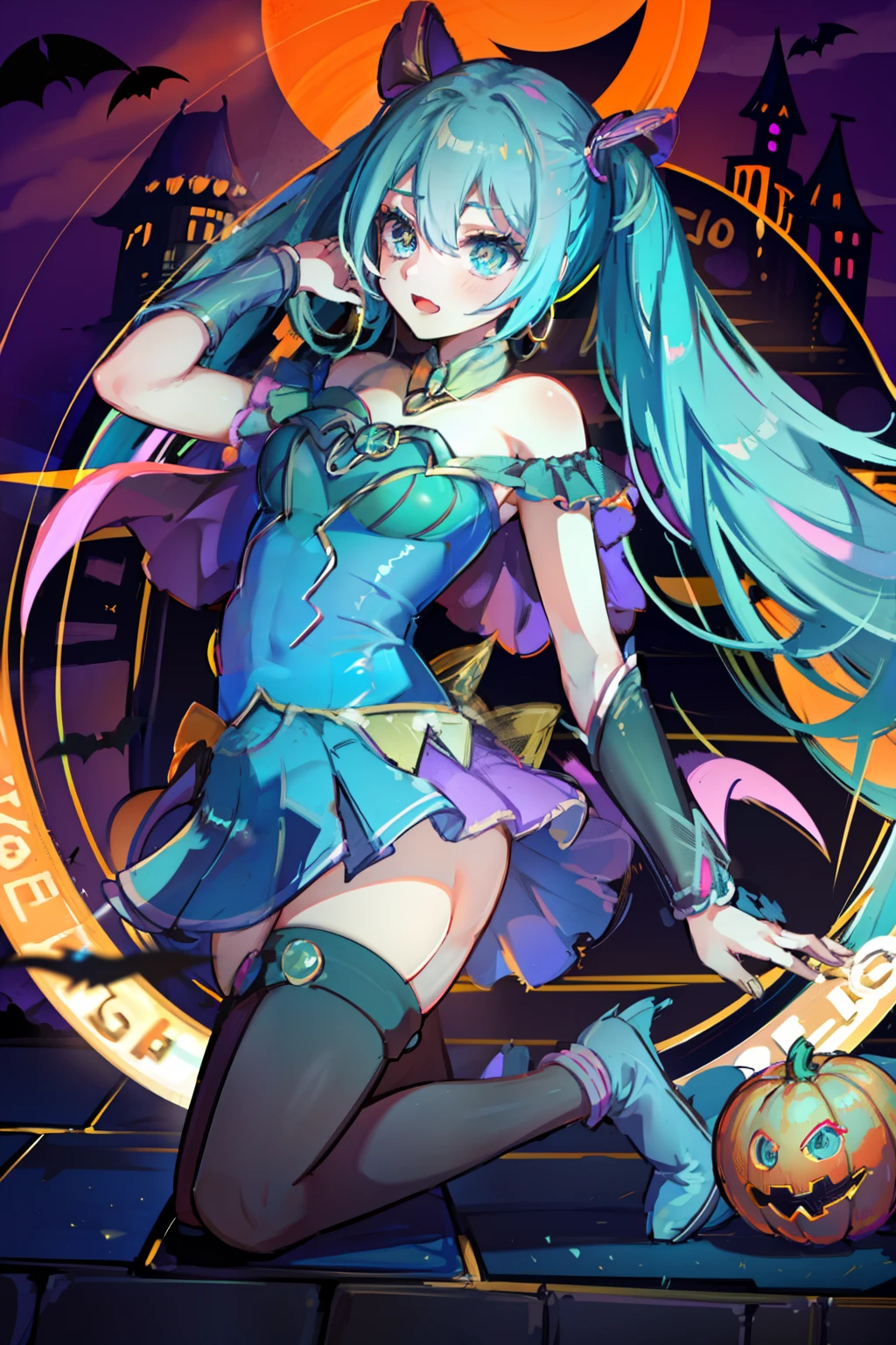 Hatsune Miku coustoms dark magician gils, hermosa y joven Hatsune Miku disfrazada de dark magician gils, cabello aqua extralargo, ojos celestes, traje de mago y sombrero de mago... Fondo de Halloween en la calle. Luces. Niebla. Luna.