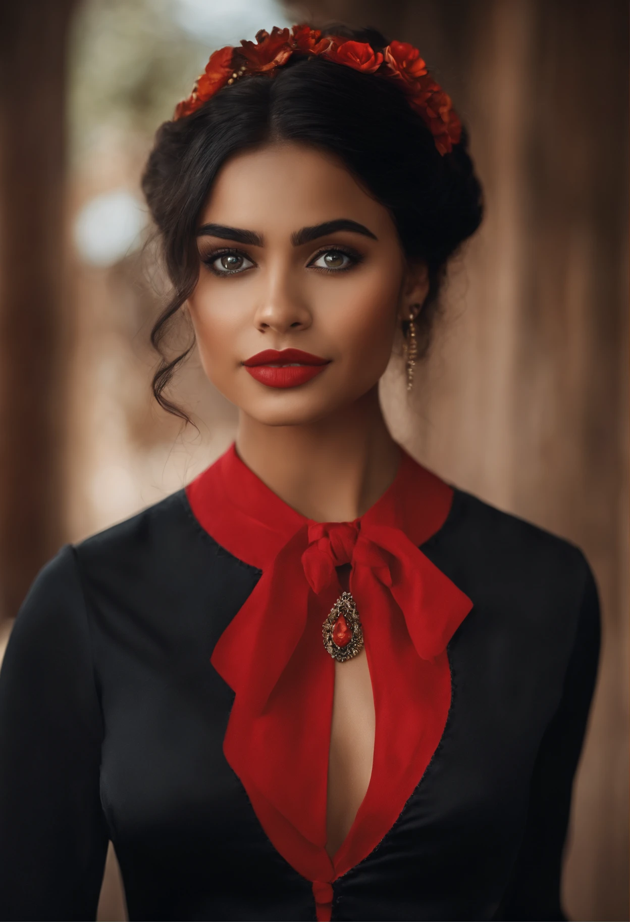 A close up of a woman wearing a red and black dress - SeaArt AI