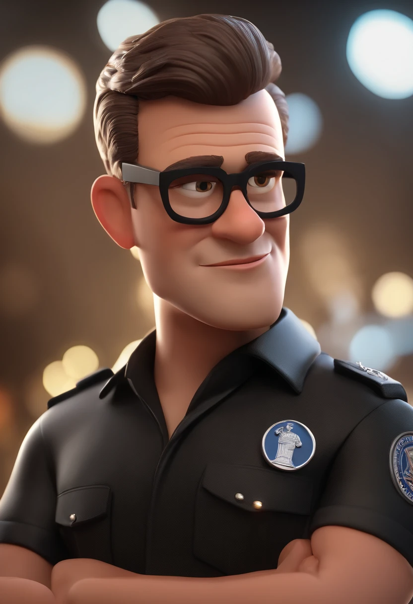 Cartoon character of a man with black glasses, com lente espelhada, and a black Federal Police shirt, animation character, Caractere estilizado, animation style rendering, 3D estilizado, Arnold Maya render, 3 d render stylized, toon render keyshot, Personagem 3D, Personagem 3D, 3d rendering stylized, 3 d character render, personagem de desenho animado, Personagem de close up, Pose de personagem,  (Estilo Pixar) (master part:1.2) (Bokeh) (best quality) (pele detalhada) (textura detalhada) (8k) (argila) (Cinematic lighting) (foco nítido)