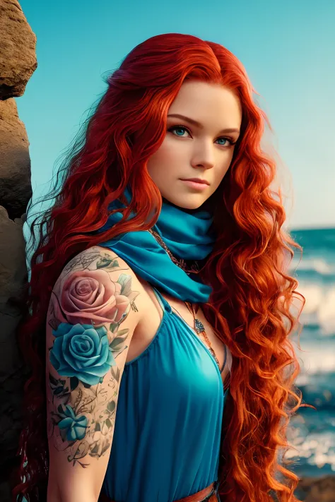 qualidade absurda. natural  lightting. hiper-realismo. Fantastic illustration. Redhead girl with long curly hair and rose tattoo...