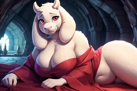 character from Undertale Toriel, goat Furry, Beautiful cute face, Innocent, Charming, Sexually calm facial expression, Facing the camera, The body is covered with wool, Skin color: white, Body glare, ((pretty eyes)), red-eyes, ((Perfect Sexy Figure)), Curv...