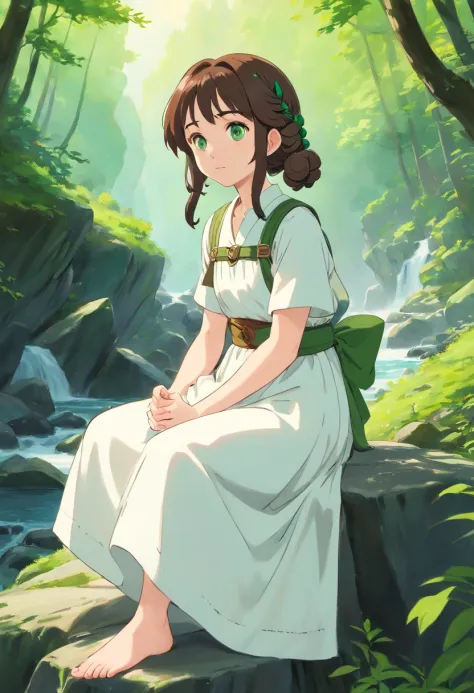 Pale girl 20 years old, with two dark brown braids below the waist, gray-green eyes, in a white vintage dress with a green belt, and sits barefoot in the middle of the forest by a mountain river