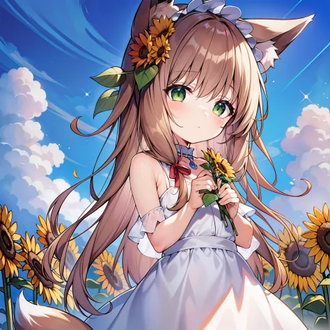 masterpiece, best quality, high resolution, 1girll, solo, oversized fox tail，(long brown hair)，green eyes，small flower headdress...