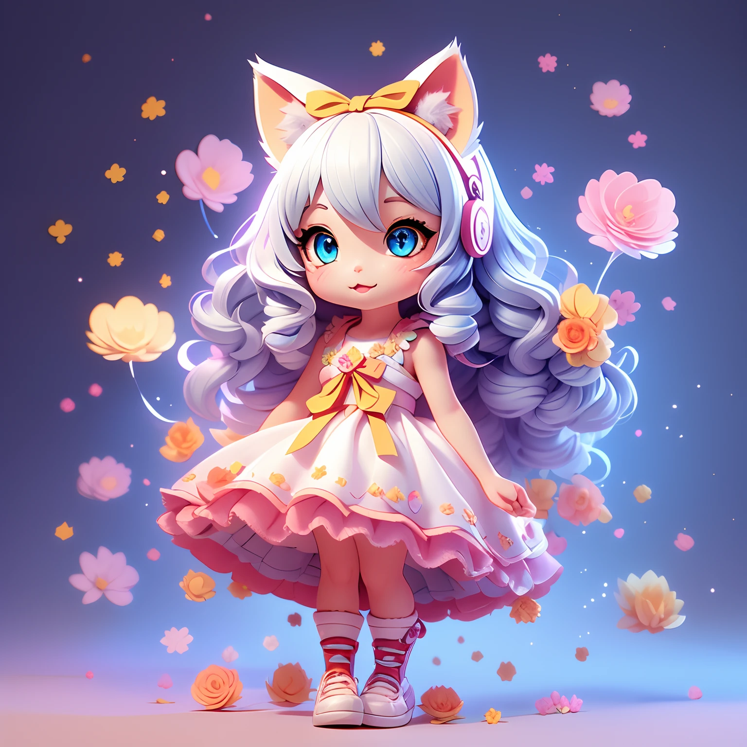 1girl, animal ears, tail, chibi, white hair, cat ears, solo, cat tail, long hair, hair ornament, cat girl, virtual youtuber, dress, blue eyes, ahoge, bow, white background, animal ear fluff, hairclip, holding