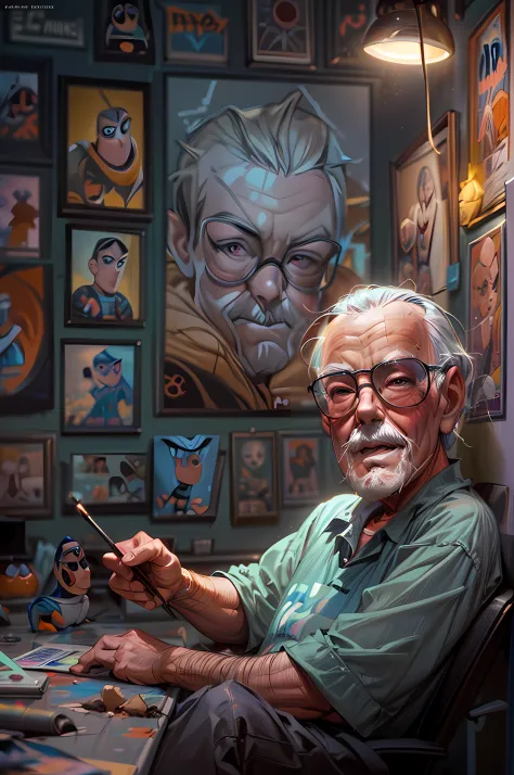 a portrait (Pixar art:1.5) of (Stan Lee: 1.3), sitting in his work room working on his next project, florescent light, famous Ma...