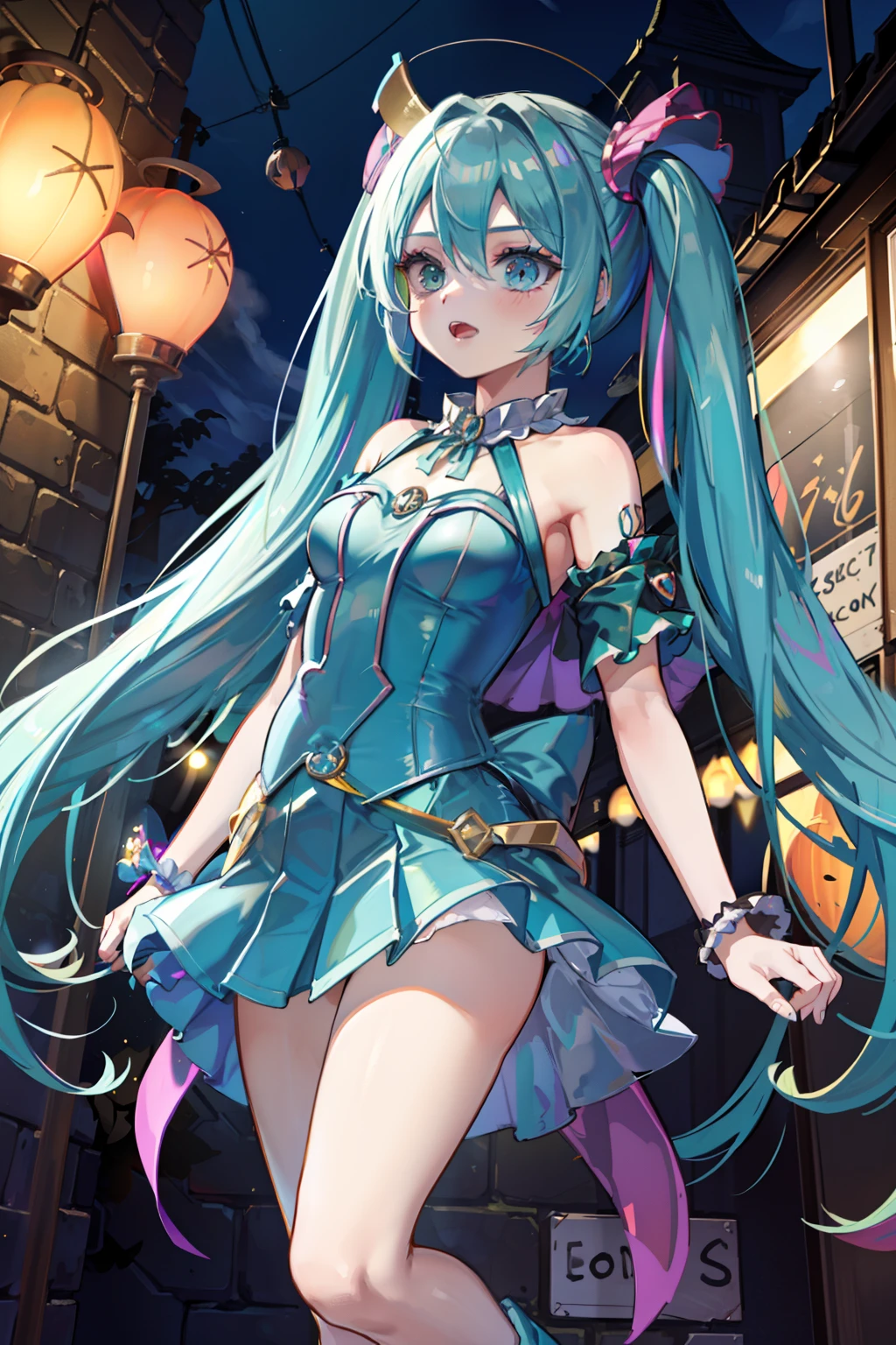 初音未來自訂黑暗魔法師女孩, 美麗年輕的初音未來扮成黑暗魔法師女孩, 極長的水藍色頭髮, 藍眼睛, 魔術師服裝和魔術師帽子... 街上的萬聖節背景. 燈. 多霧路段. 官.