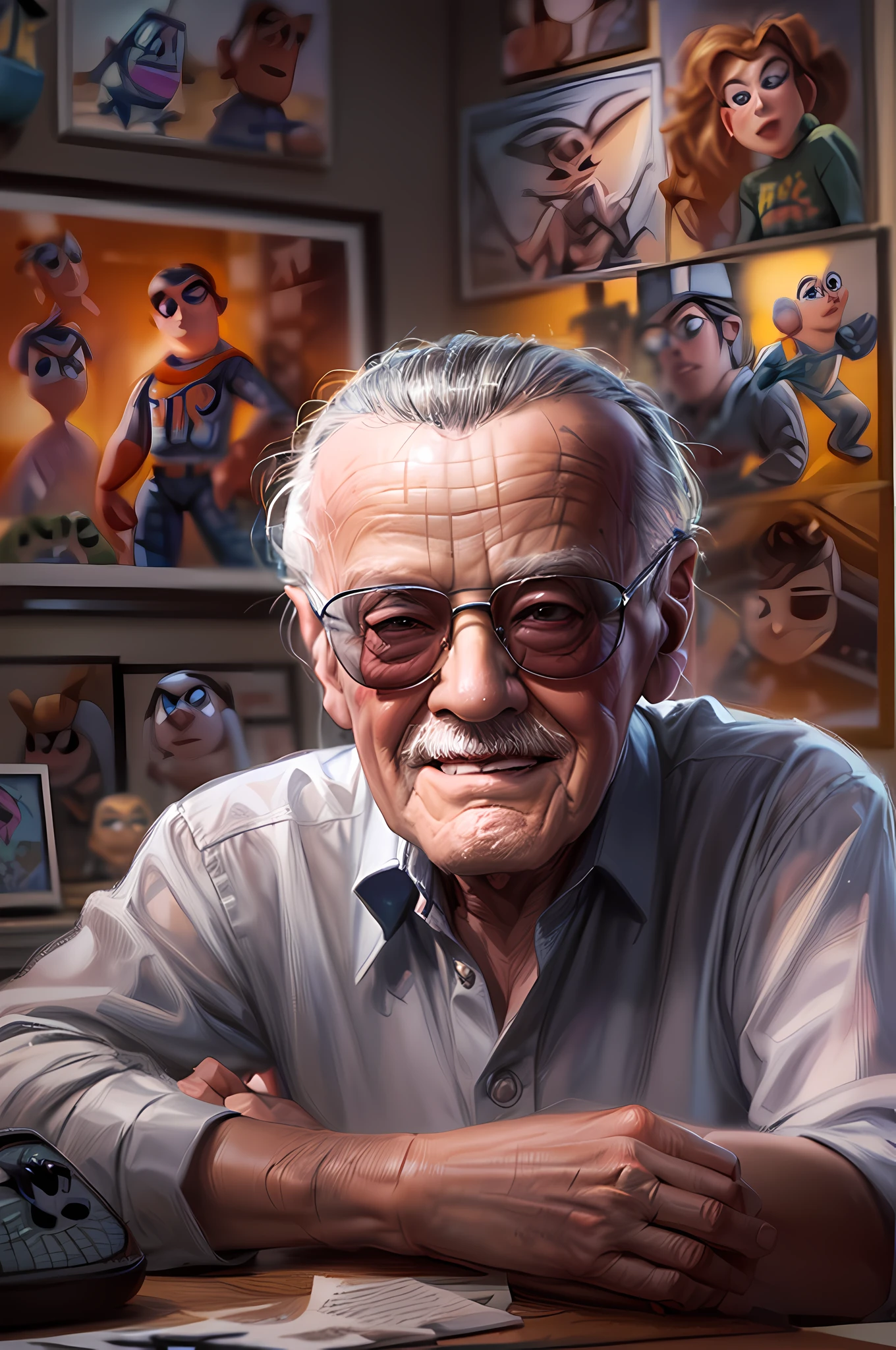 a portrait (Pixar art:1.5) of (Stan Lee: 1.3), sitting in his work room working on his next project, florescent light, famous Marvel Comics characters painted on the walls,  animation study room background, ultra detailed, Masterpiece, best quality, photorealistic, pixarstyle