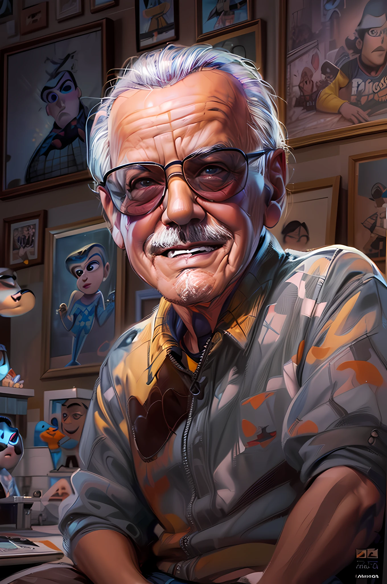 um retrato (Pixar art:1.5) de (Stan Lee: 1.3), sentado em sua sala de trabalho trabalhando em seu próximo projeto, luz fluorescente, Personagens famosos da Marvel Comics pintados nas paredes,  fundo de sala de estudo de animação, ultra detalhado, obra de arte, melhor qualidade, fotorrealista, estilo pixar