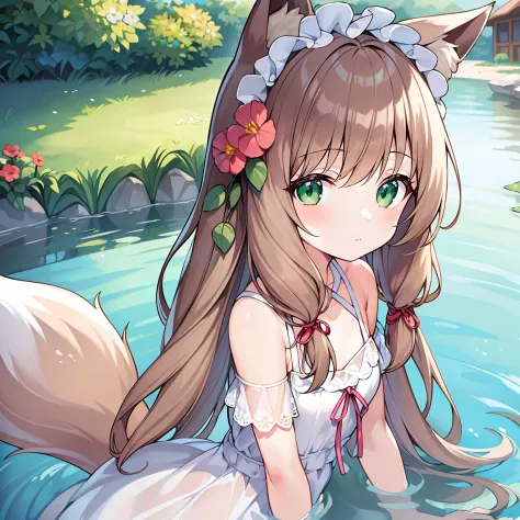 Masterpiece, Best quality, high resolution, 1girll, Solo, Oversized fox tail，(Long brown hair)，Green eyes，Small flower headdress...