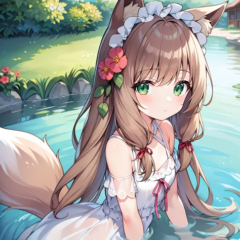 masterpiece, best quality, high resolution, 1girll, solo, oversized fox tail，(long brown hair)，green eyes，small flower headdress...