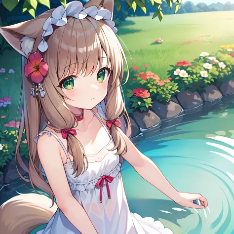 masterpiece, best quality, high resolution, 1girll, solo, oversized fox tail，(long brown hair)，green eyes，small flower headdress...