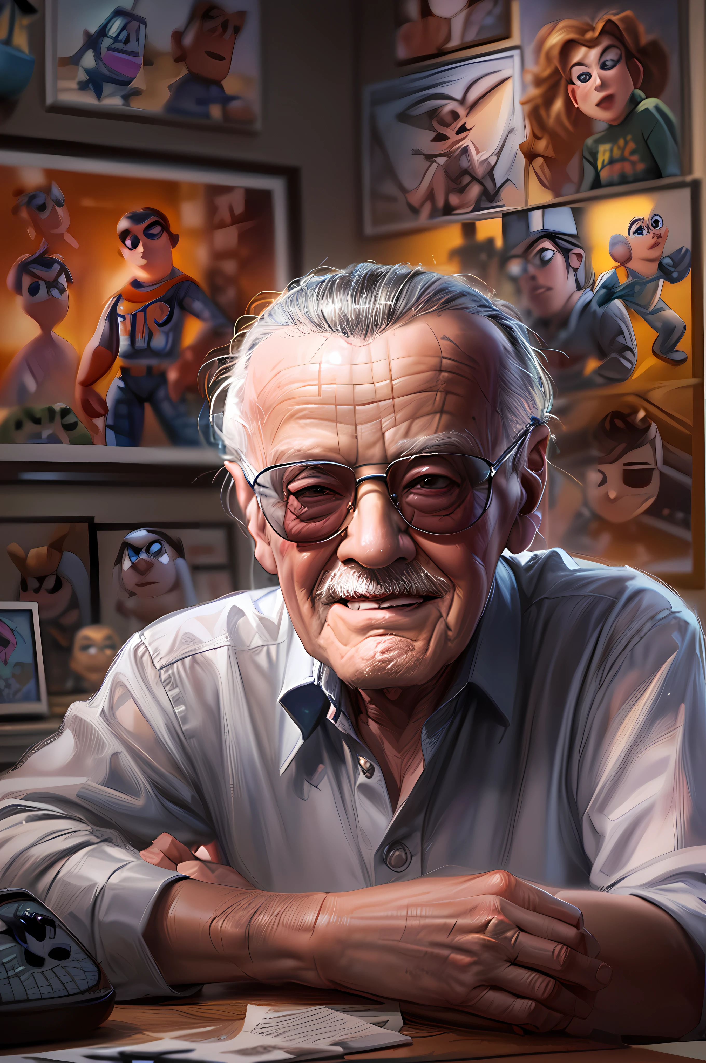 Un retrato (pixar art:1.5) de (Stan Lee: 1.3), sentado en su sala de trabajo trabajando en su próximo proyecto, luz fluorescente, famosos personajes de Marvel Comics pintados en las paredes,  fondo de sala de estudio de animación, ultra detallado, obra maestra, mejor calidad, Fotorrealista, estilo pixar