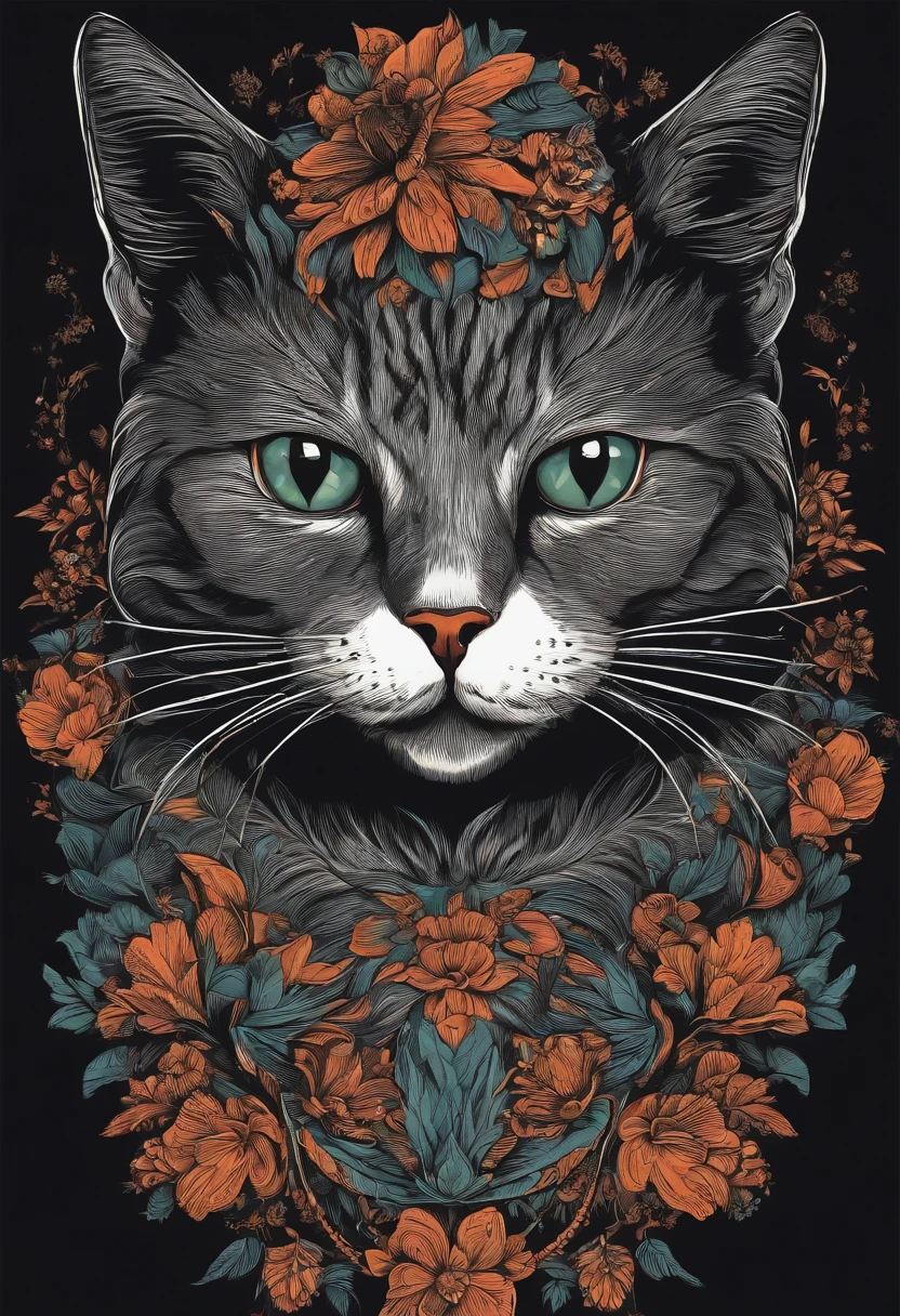 Un gato blanco y negro con ojos azules y flores - SeaArt AI